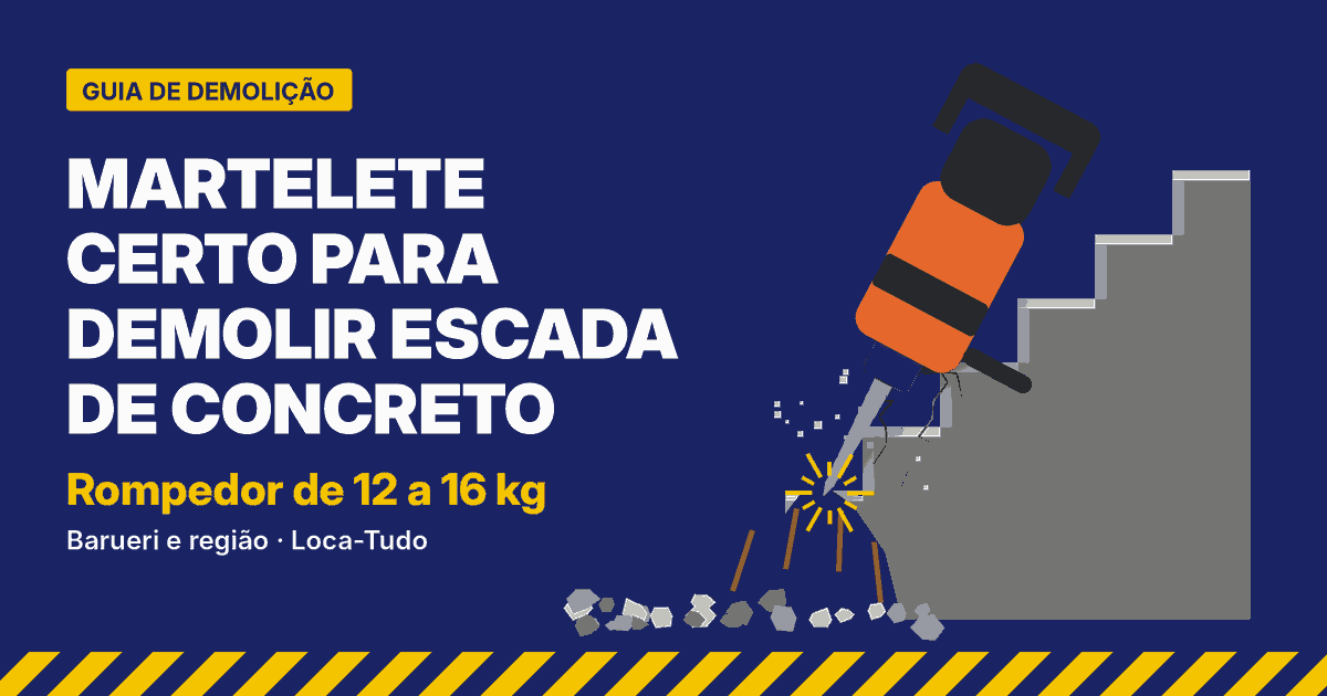 Ilustração de martelete rompedor demolindo escada de concreto armado — guia do martelete de 12 a 16 kg para Barueri